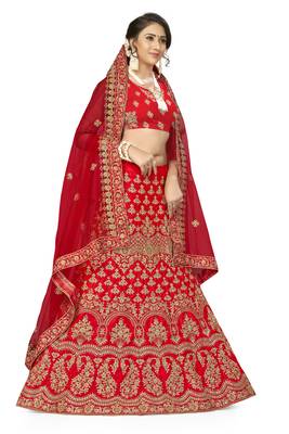 Red Embroidered Satin Semi Stitched Lehenga 2