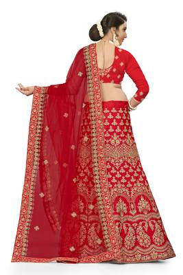 Red Embroidered Satin Semi Stitched Lehenga 3
