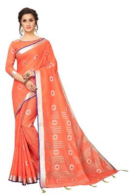 Peach woven linen saree with blouse 1