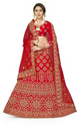 Red Embroidered Satin Semi Stitched Lehenga 1