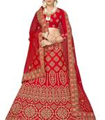 Red Embroidered Satin Semi Stitched Lehenga