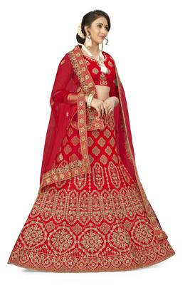 Red Embroidered Satin Semi Stitched Lehenga 2