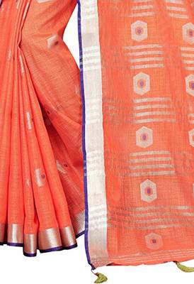 Peach woven linen saree with blouse 4