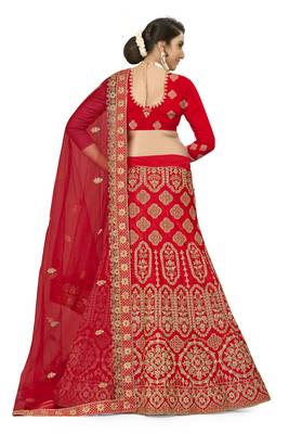 Red Embroidered Satin Semi Stitched Lehenga 3