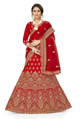 Red Embroidered Satin Semi Stitched Lehenga 1