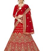 Red Embroidered Satin Semi Stitched Lehenga
