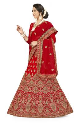 Red Embroidered Satin Semi Stitched Lehenga 2