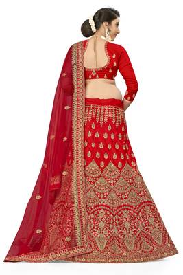 Red Embroidered Satin Semi Stitched Lehenga 3