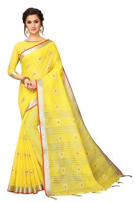 Yellow woven linen saree with blouse 1
