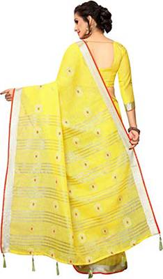 Yellow woven linen saree with blouse 3