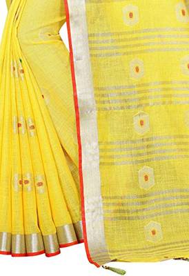 Yellow woven linen saree with blouse 4