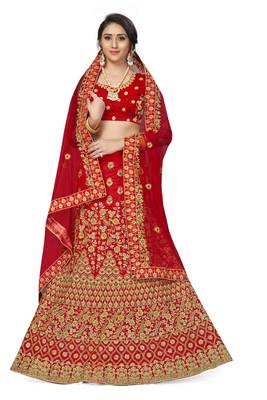 Red Embroidered Satin Semi Stitched Lehenga 1
