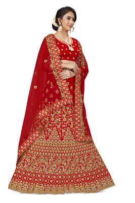 Red Embroidered Satin Semi Stitched Lehenga 2