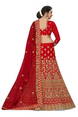 Red Embroidered Satin Semi Stitched Lehenga 3