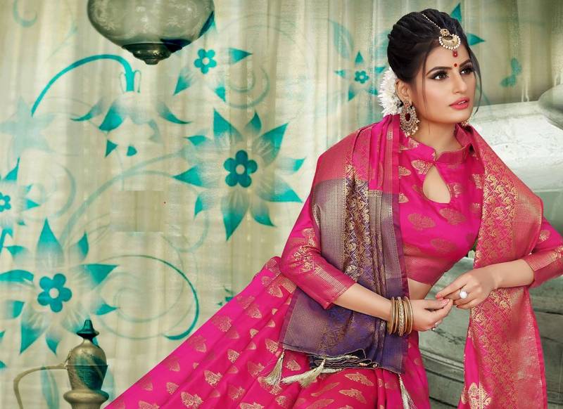 Pink woven silk blend saree with blouse