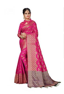 Pink woven silk blend saree with blouse 1