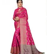 Pink woven silk blend saree with blouse