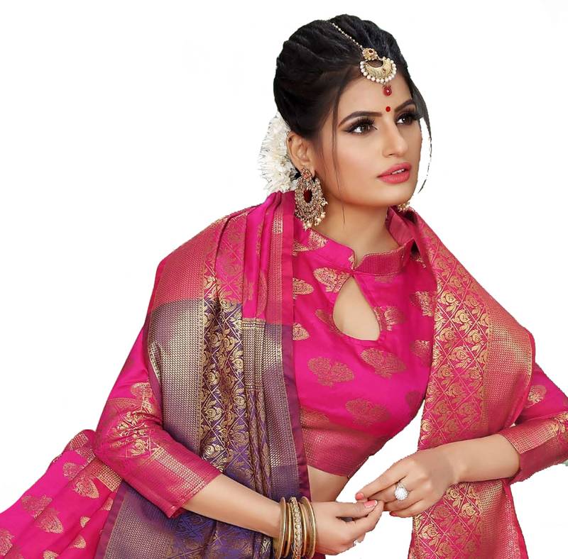 Pink woven silk blend saree with blouse