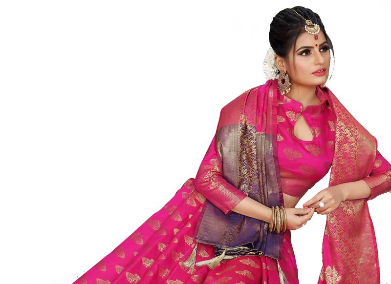 Pink woven silk blend saree with blouse