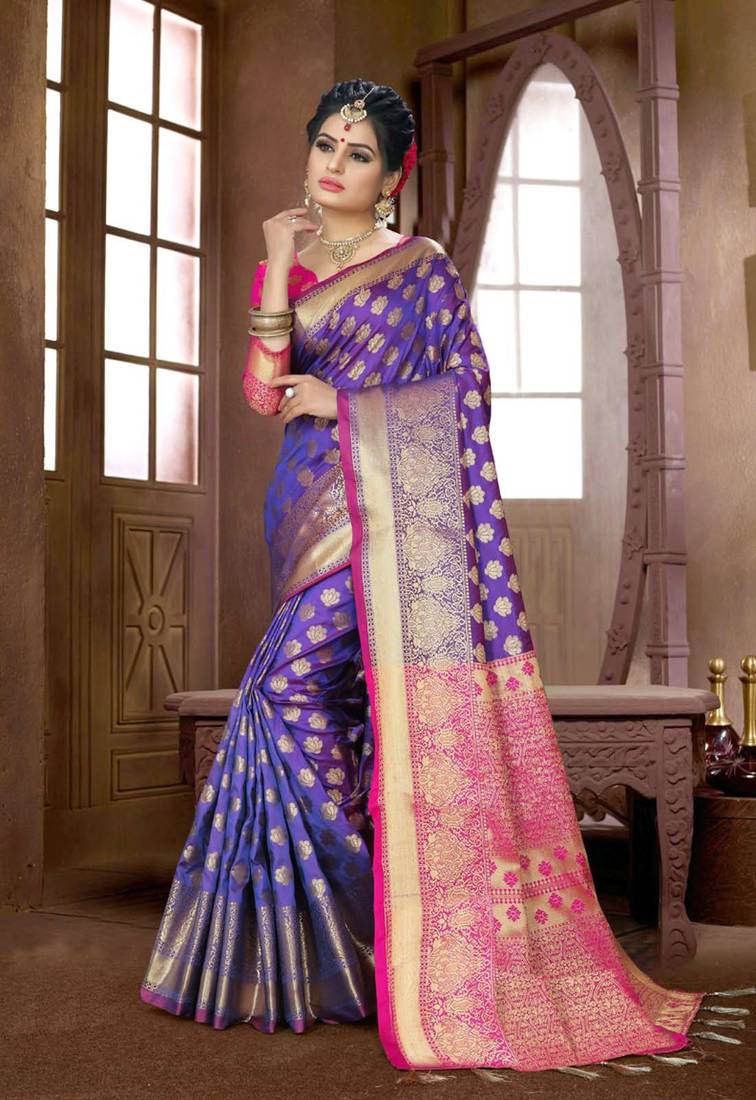 Blue woven silk blend saree with blouse