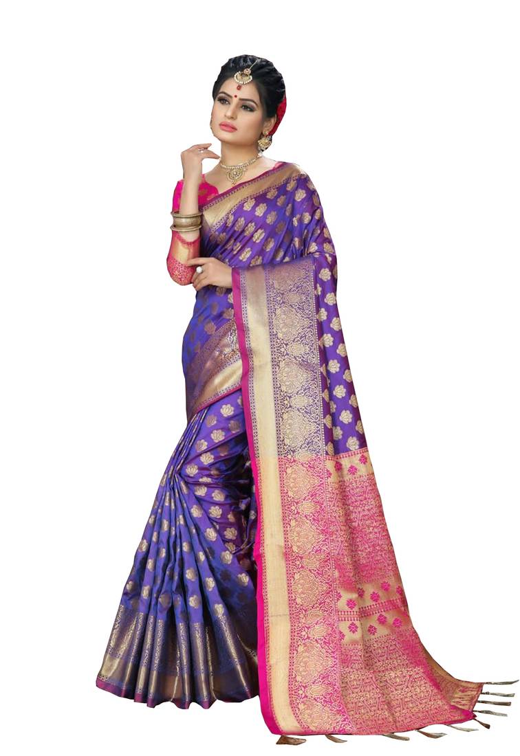 Blue woven silk blend saree with blouse