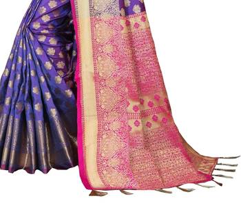 Blue woven silk blend saree with blouse 4