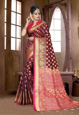 Brown woven silk blend saree with blouse 1