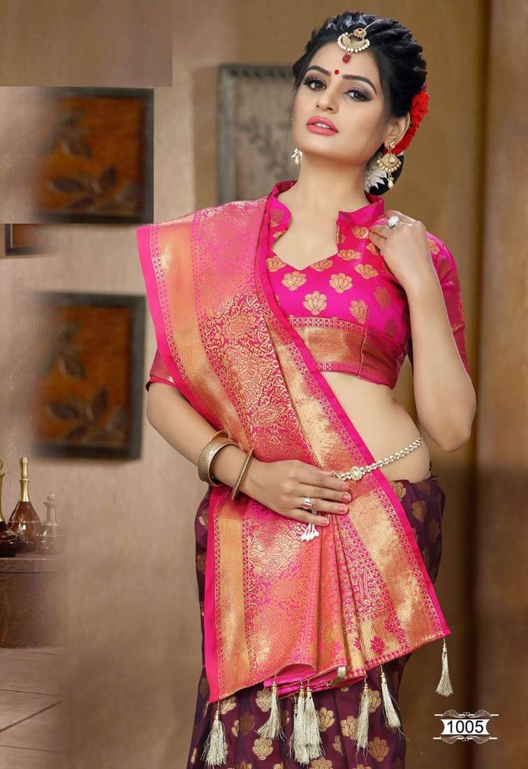 Brown woven silk blend saree with blouse