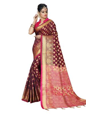 Brown woven silk blend saree with blouse 4