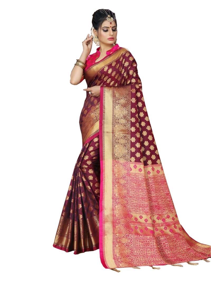 Brown woven silk blend saree with blouse