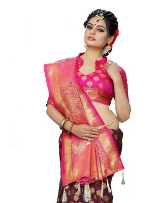 Brown woven silk blend saree with blouse 5