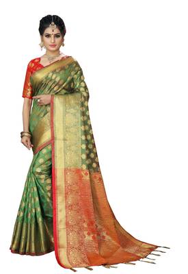 Green woven silk blend saree with blouse 2