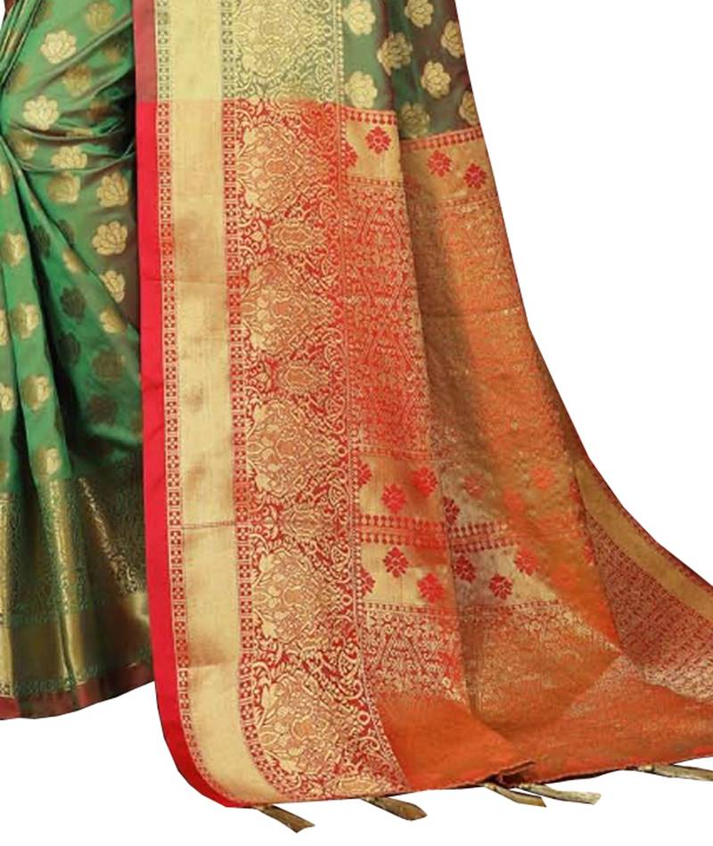 Green woven silk blend saree with blouse
