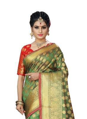 Green woven silk blend saree with blouse 4