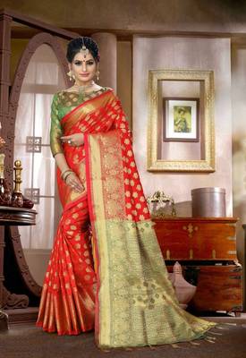 Orange woven silk blend saree with blouse 1