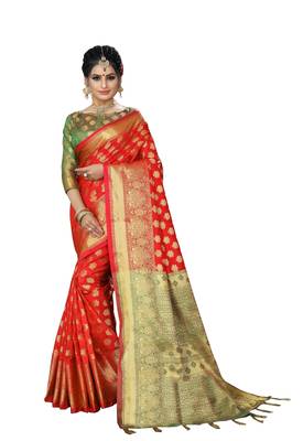 Orange woven silk blend saree with blouse 4
