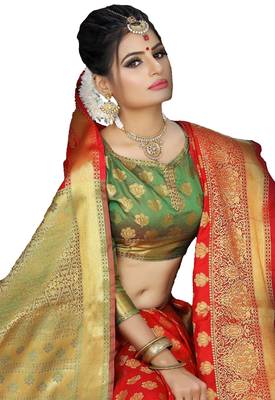 Orange woven silk blend saree with blouse 5
