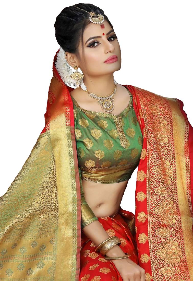 Orange woven silk blend saree with blouse