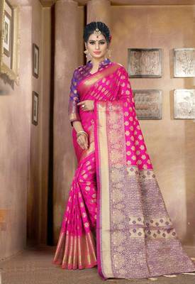Pink woven silk blend saree with blouse 1
