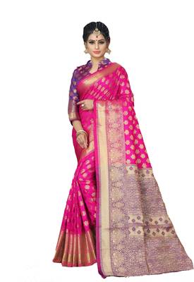 Pink woven silk blend saree with blouse 3