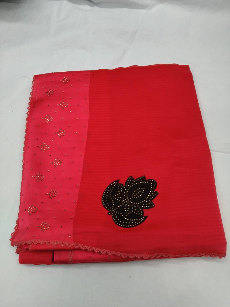 Red plain silk blend saree with blouse
