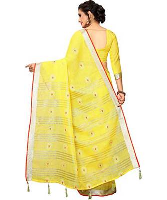 yellow woven linen saree with blouse 3
