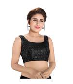 Black Sleeveless Embroidered Shimmer Padded Saree Blouse