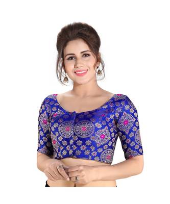 Blue Printed Brocade Readymade Designer Saree Blouse 1