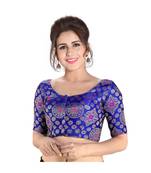 Blue Printed Brocade Readymade Designer Saree Blouse