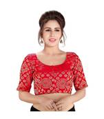 Red Printed Brocade Readymade Designer Saree Blouse