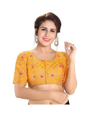 Yellow Printed Brocade Readymade Designer Saree Blouse 1