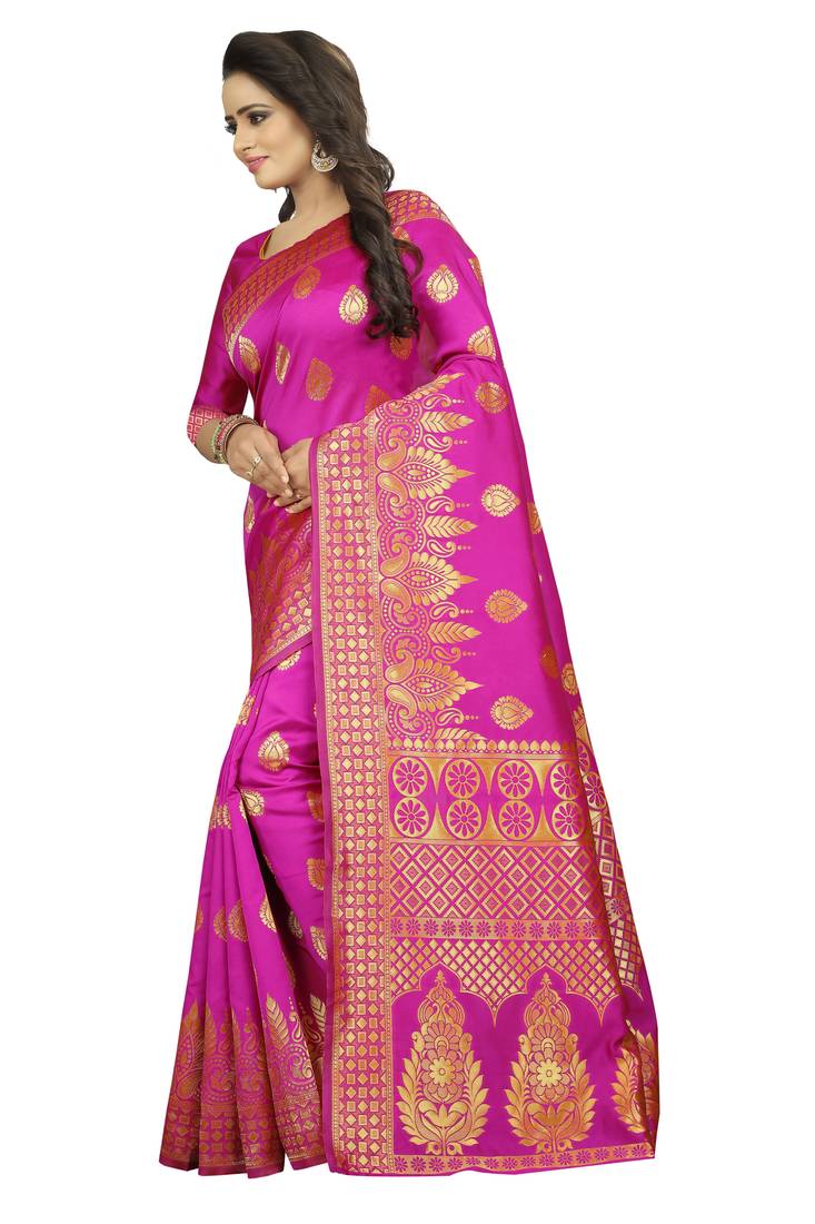 Rani Pink Women's Jacquard Silk Designer Saree With Blouse