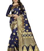 Navy Blue Women's Jacquard Silk Designer Saree With Blouse