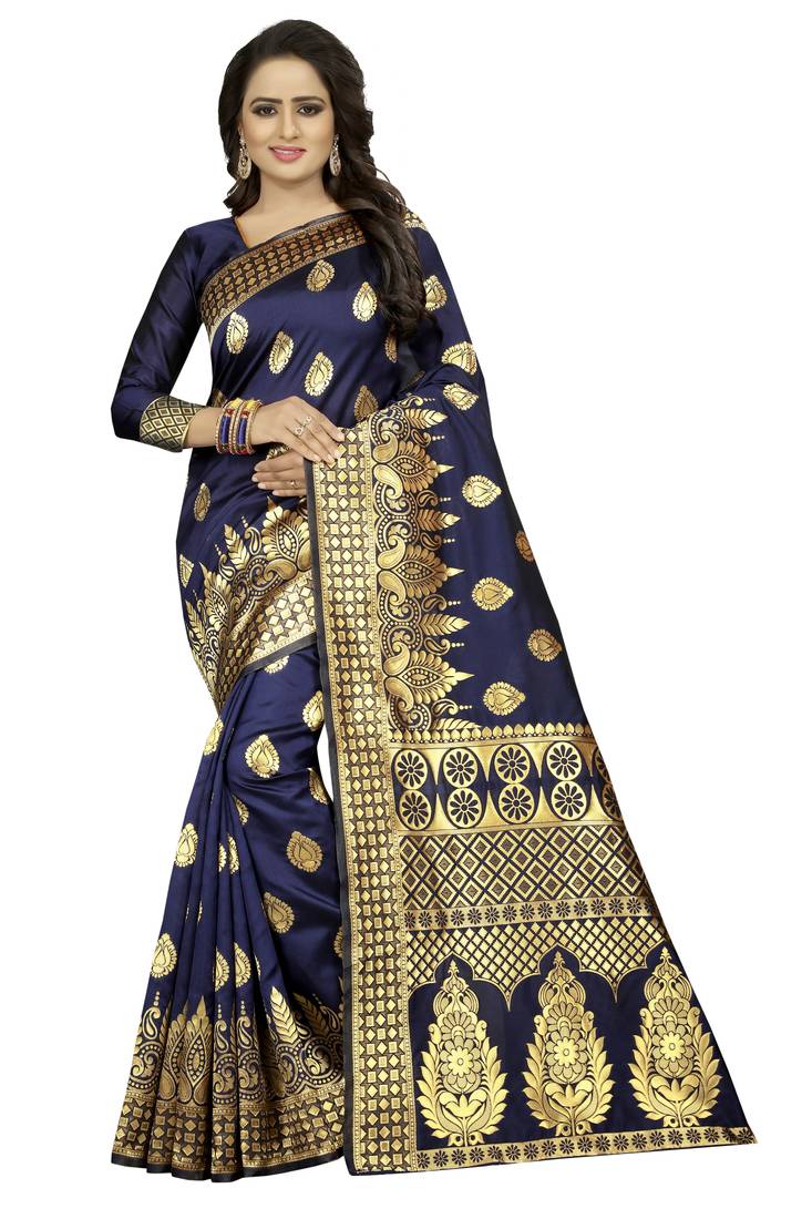 Navy Blue Women's Jacquard Silk Designer Saree With Blouse